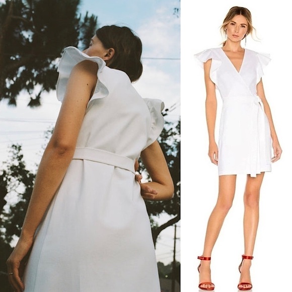 ALC Linen Blend Ruffled Flutter Short Sleeve Tie Waist V-Neck Mini Wrap Dress 10 - Picture 6 of 16